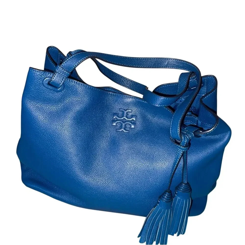Tory Burch Thea Slouchy Shoulder Bag Tidal Blue Pebbled Leather Tassel NWOT